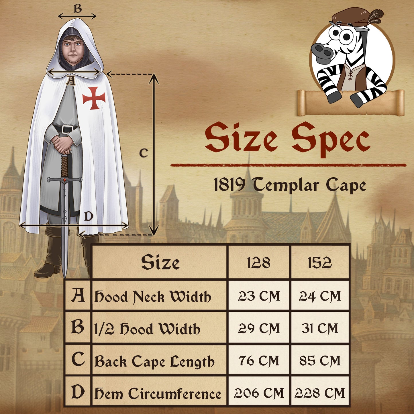 1819. Hooded Templar cape White/Red - Medieval collection