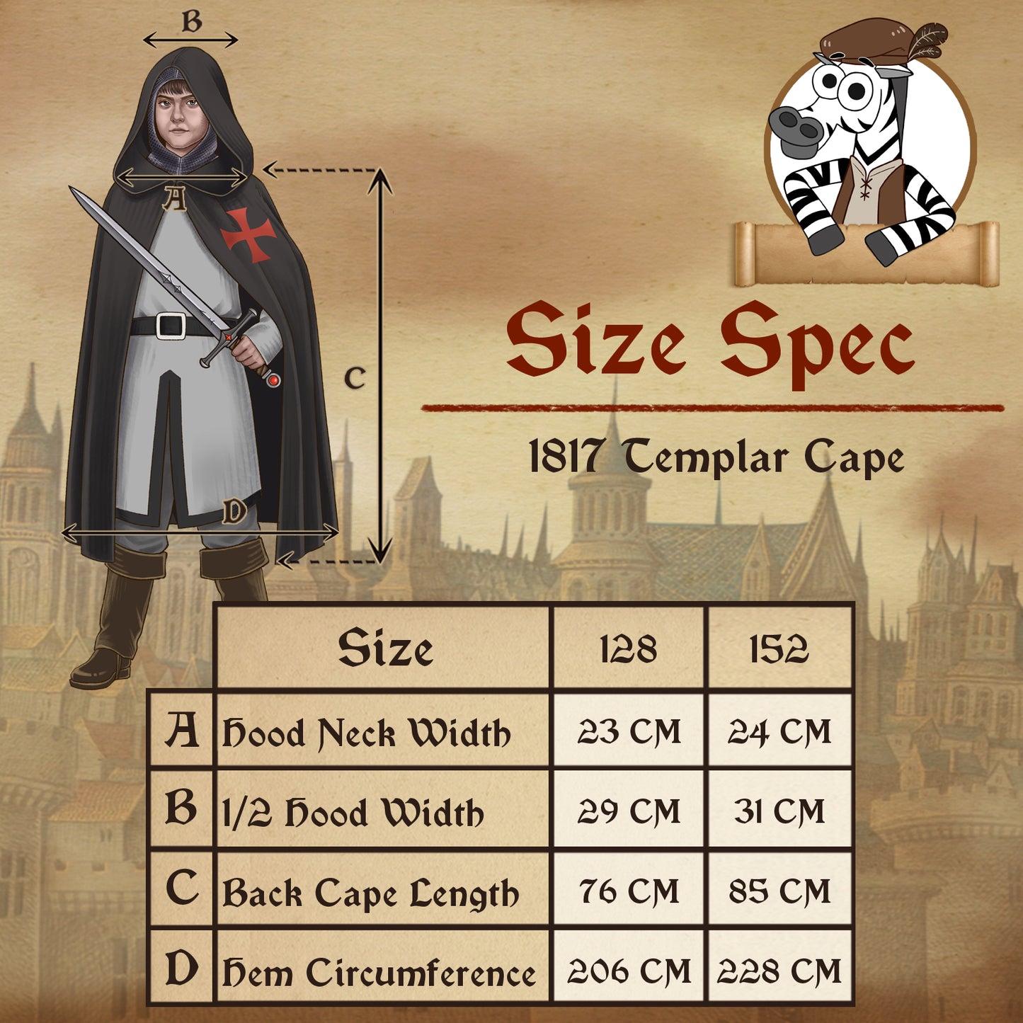 1817 Hooded Templar cape Black/Red - Medieval collection