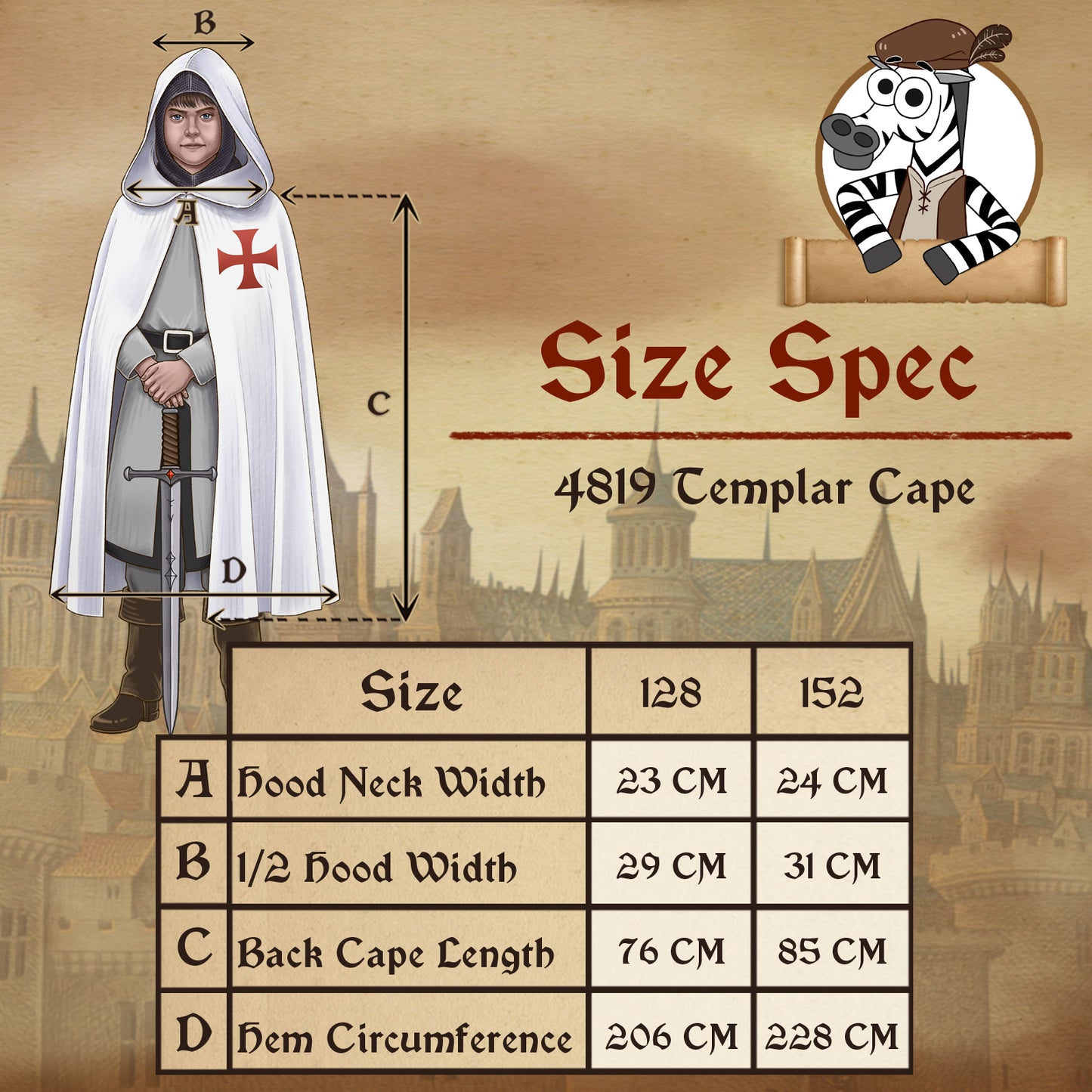 4819. Hooded Templar cape White/Red - Medieval collection