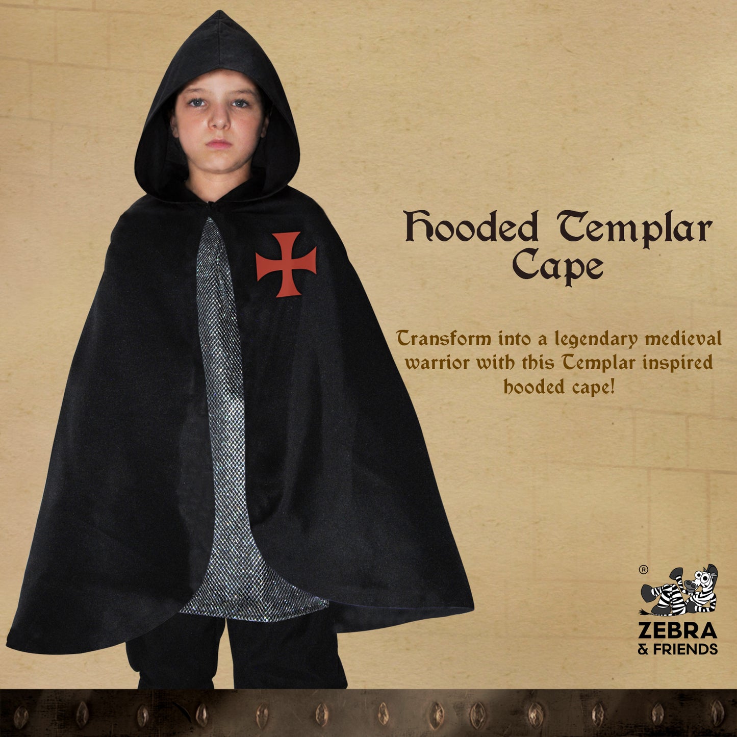 1817 Hooded Templar cape Black/Red - Medieval collection