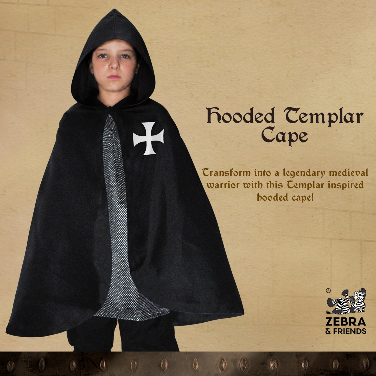 1818 Hooded Templar cape Black/White - Medieval collection