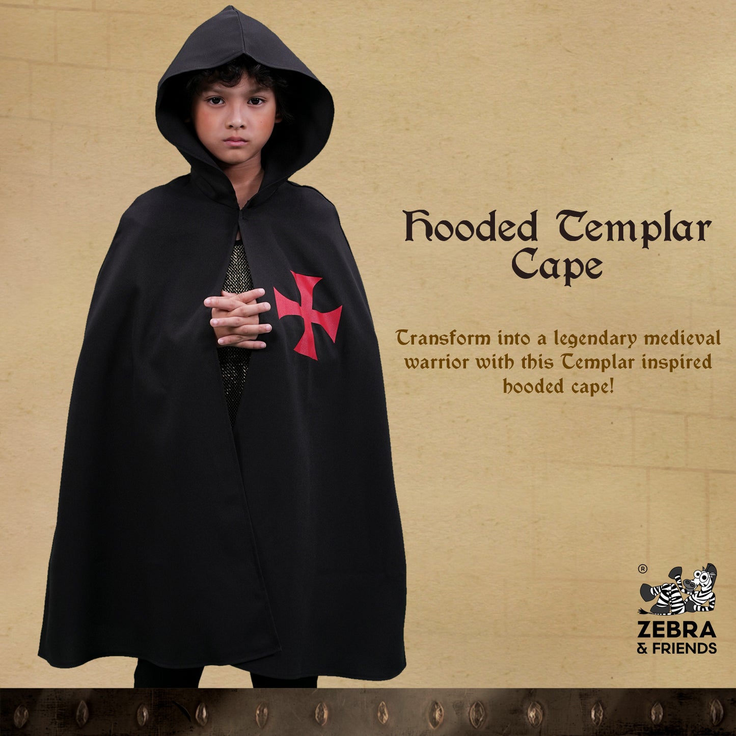 1817 Hooded Templar cape Black/Red - Medieval collection
