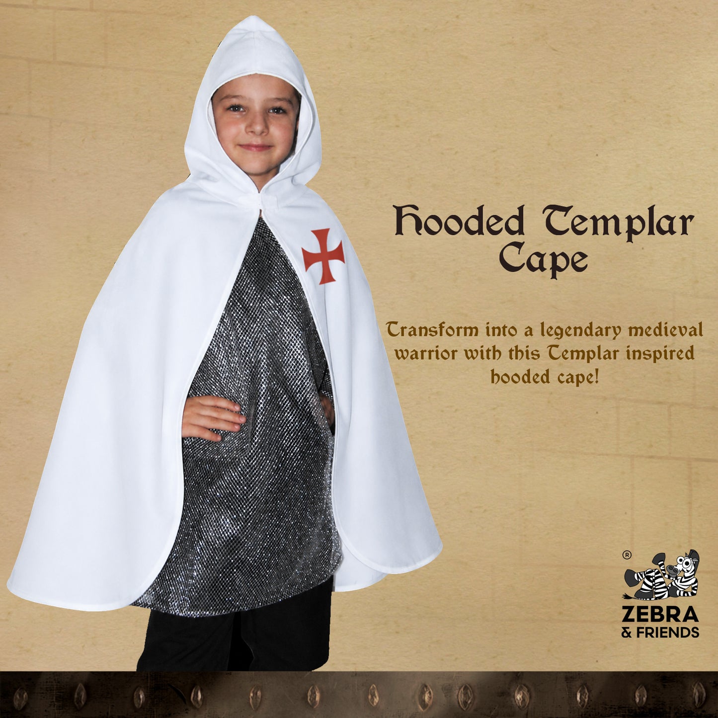 4819. Hooded Templar cape White/Red - Medieval collection