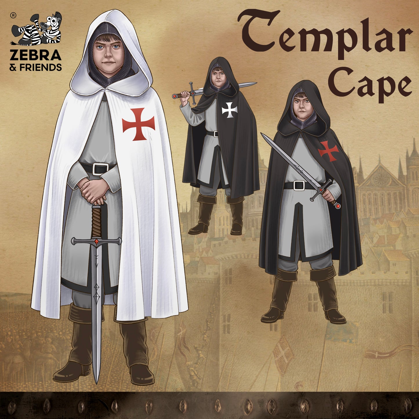 4819. Hooded Templar cape White/Red - Medieval collection