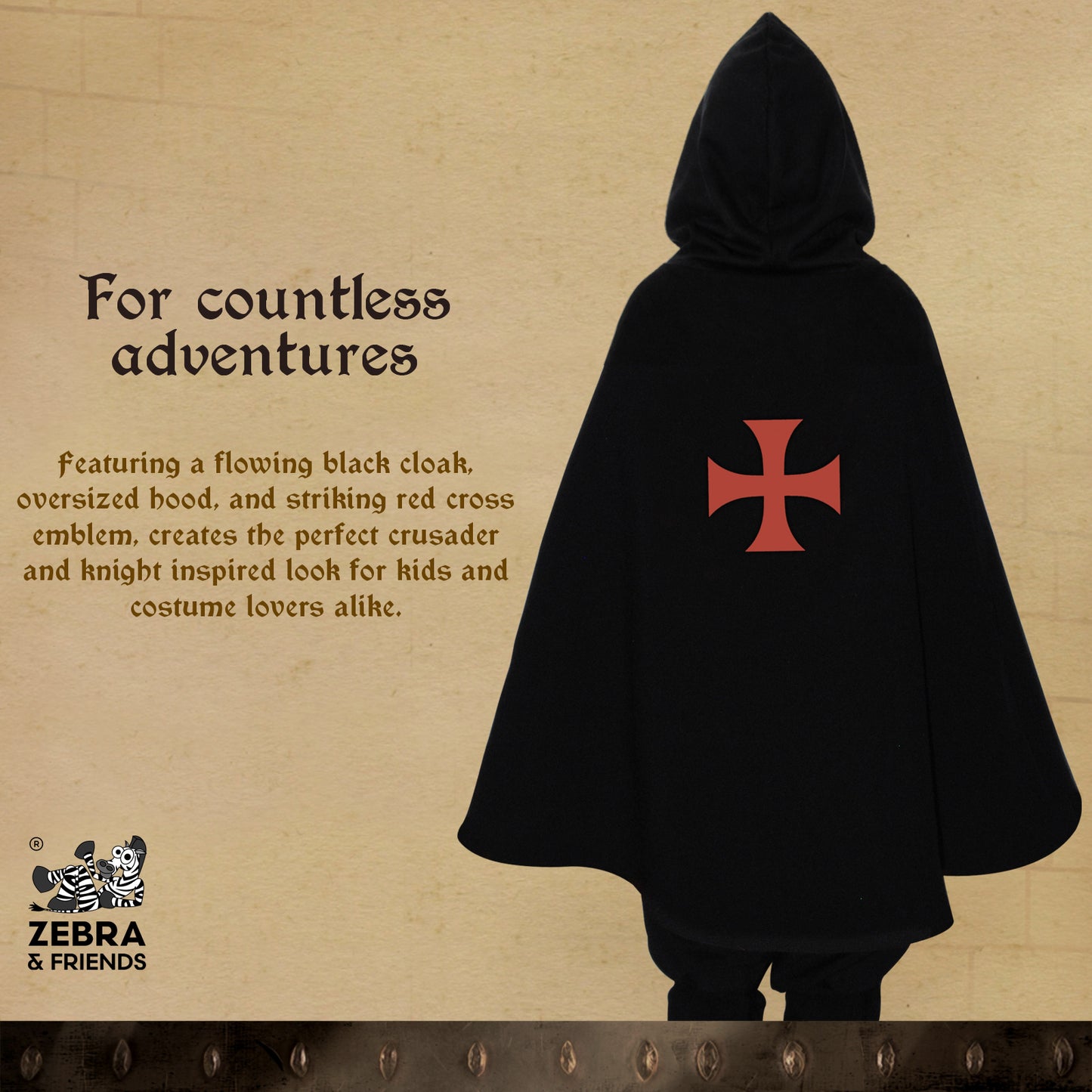1817 Hooded Templar cape Black/Red - Medieval collection