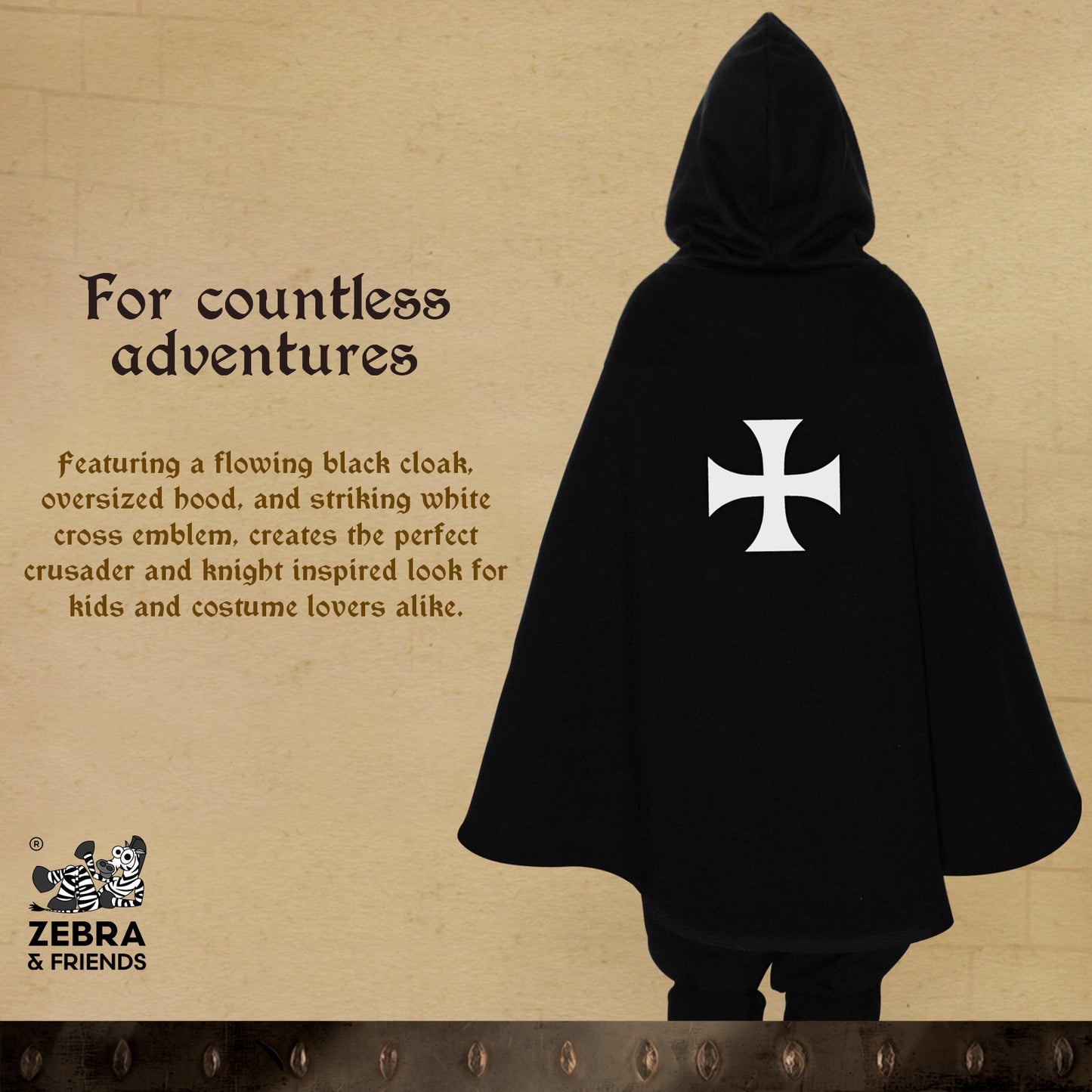 1818 Hooded Templar cape Black/White - Medieval collection