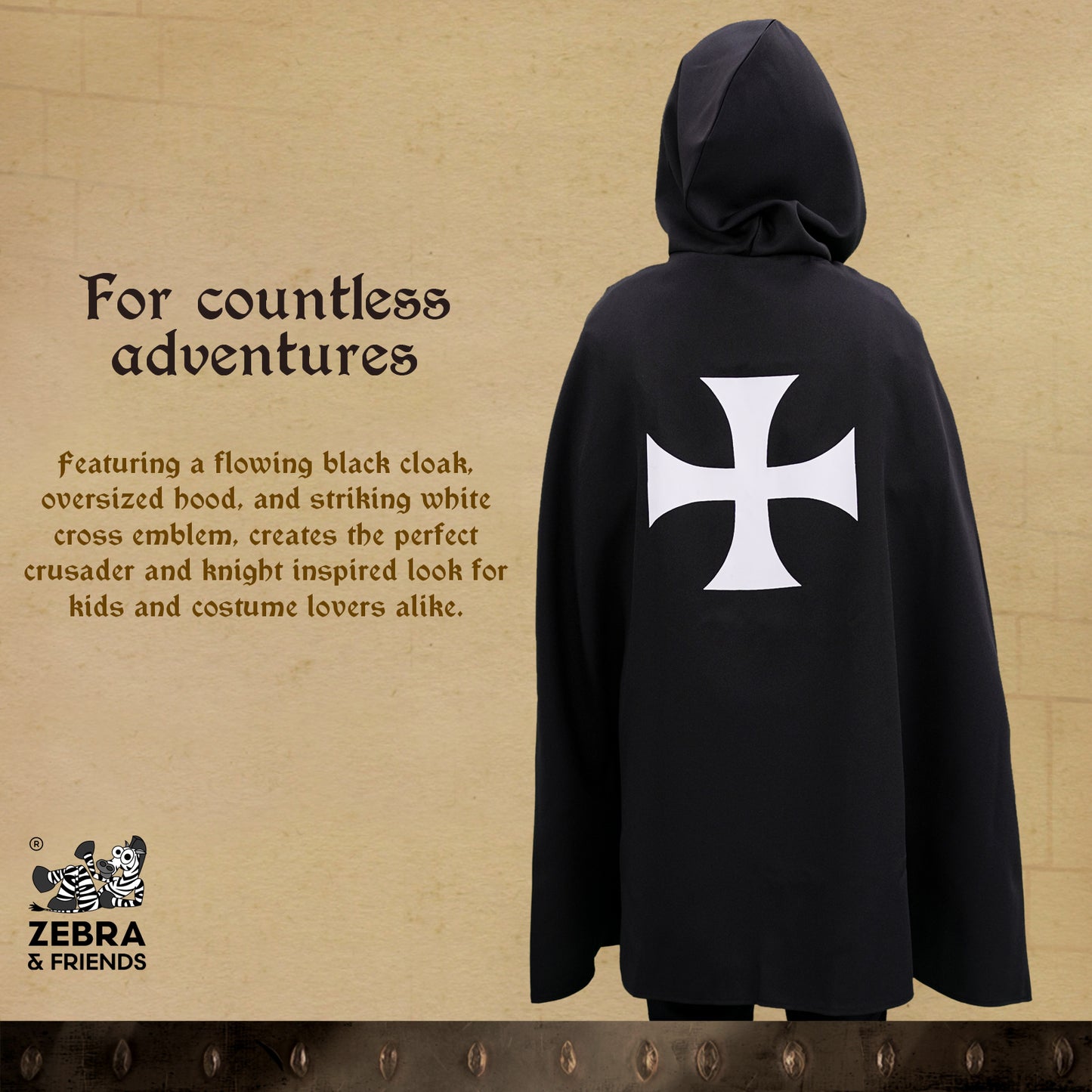 1818 Hooded Templar cape Black/White - Medieval collection