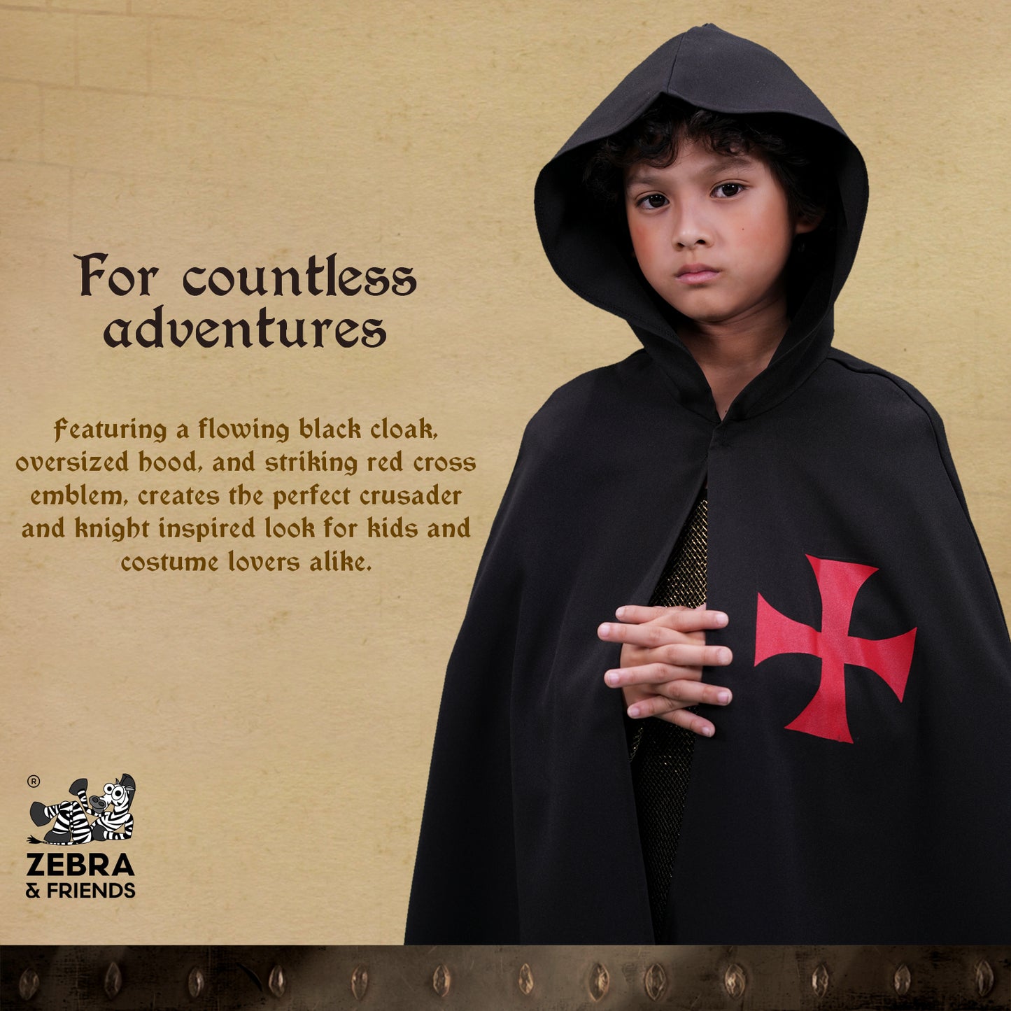 1817 Hooded Templar cape Black/Red - Medieval collection