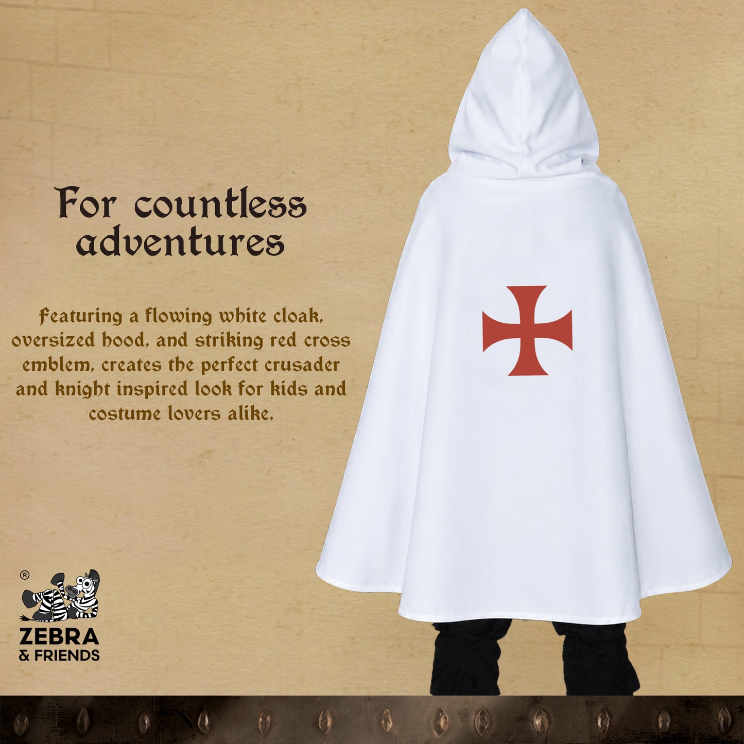 4819. Hooded Templar cape White/Red - Medieval collection