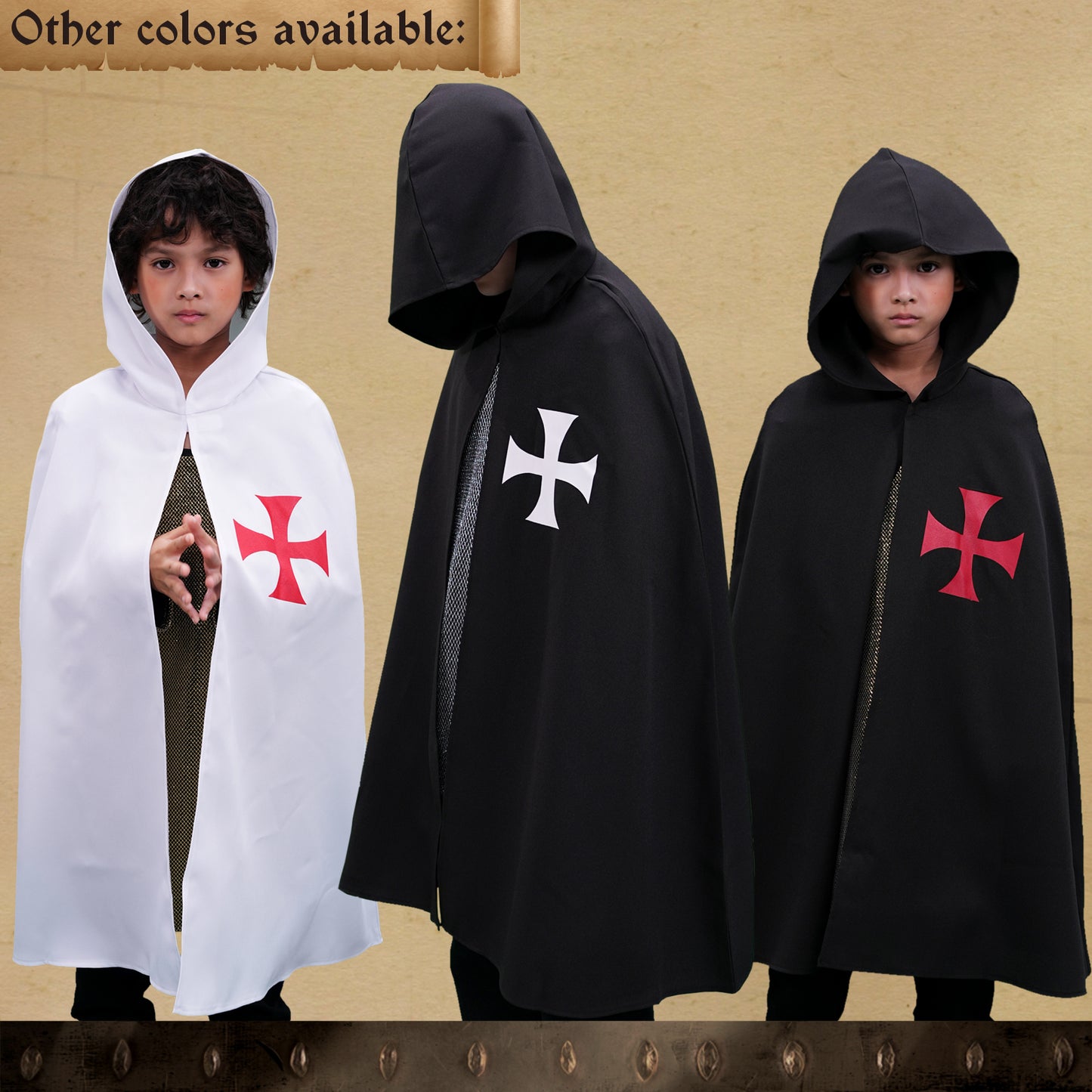 4819. Gehelmde Tempelier cape Wit/Rood - Middeleeuwse collectie
