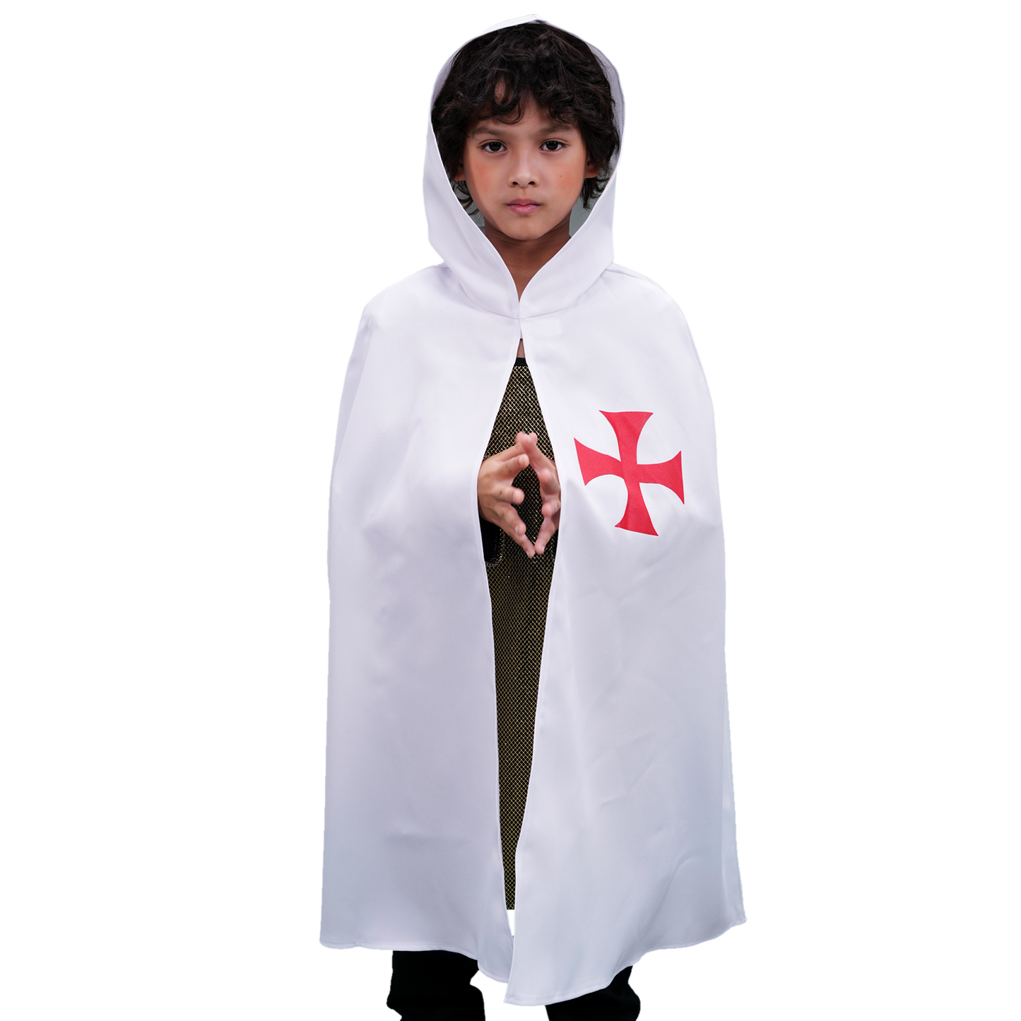 4819. Gehelmde Tempelier cape Wit/Rood - Middeleeuwse collectie