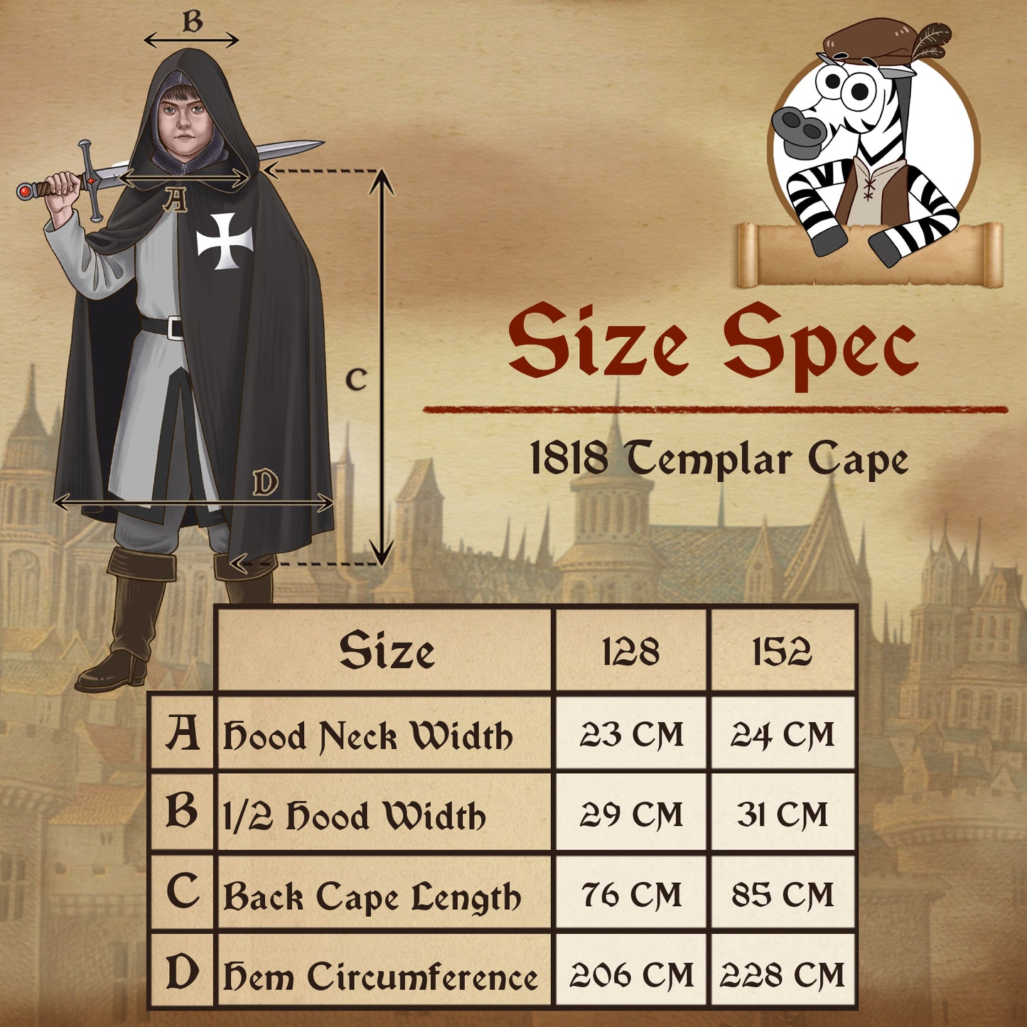 1818 Hooded Templar cape Black/White - Medieval collection