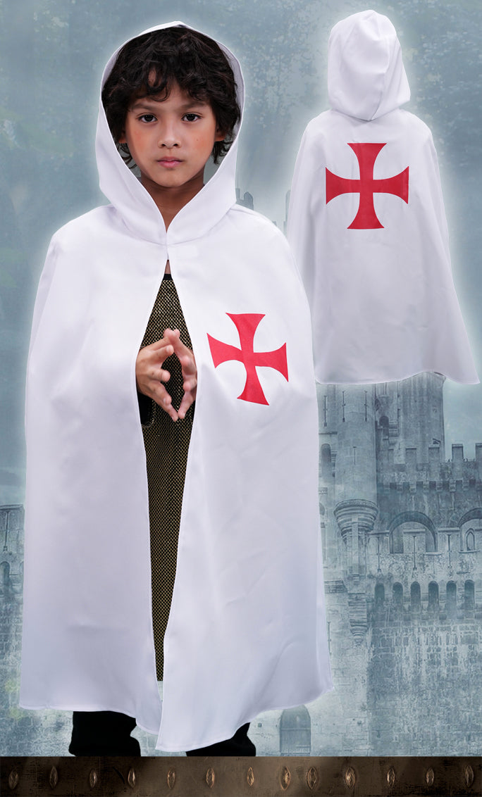 4819. Gehelmde Tempelier cape Wit/Rood - Middeleeuwse collectie